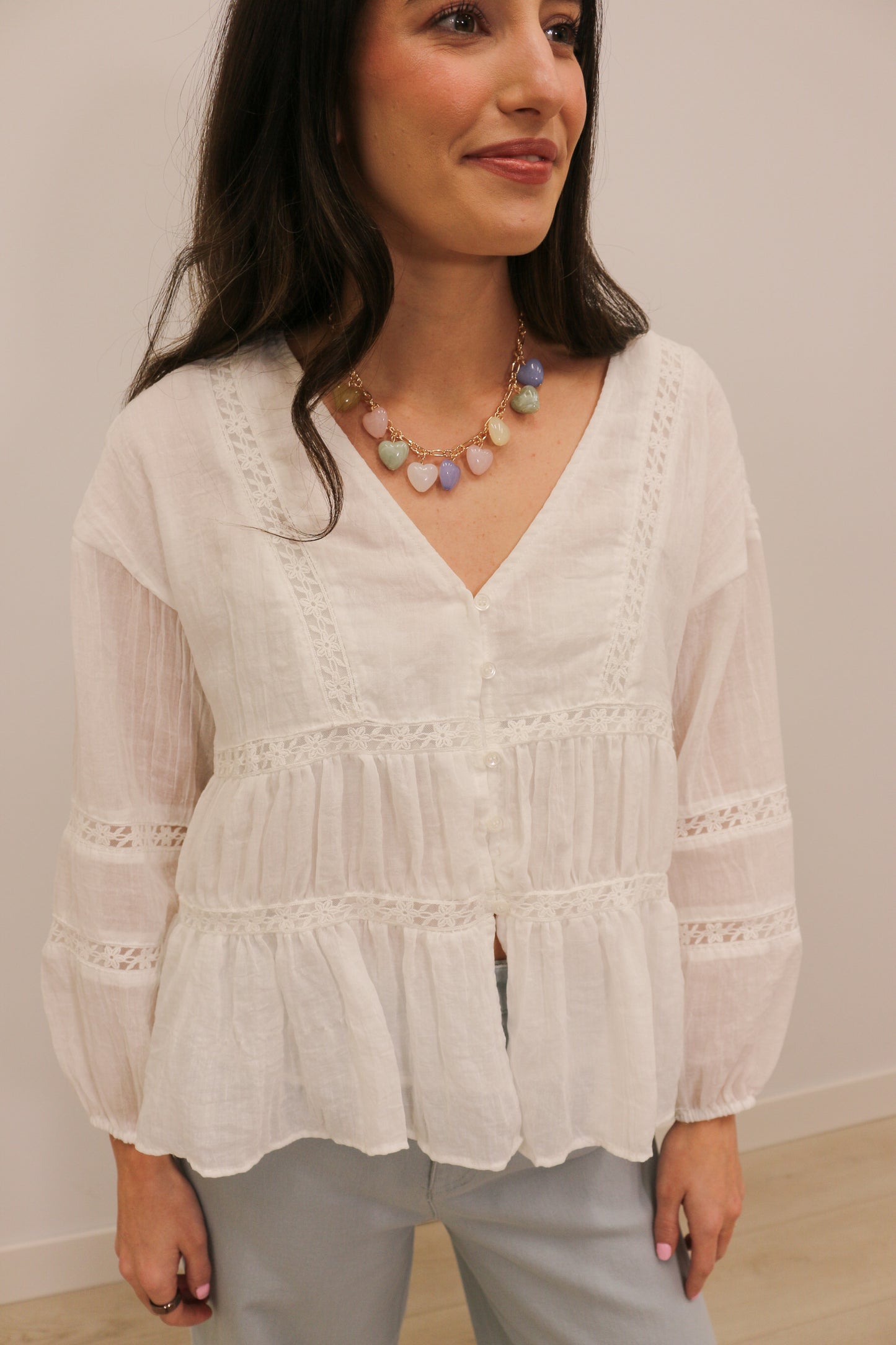 Emma Relaxed Gauze Lace Button Front Long Sleeve Blouse - White
