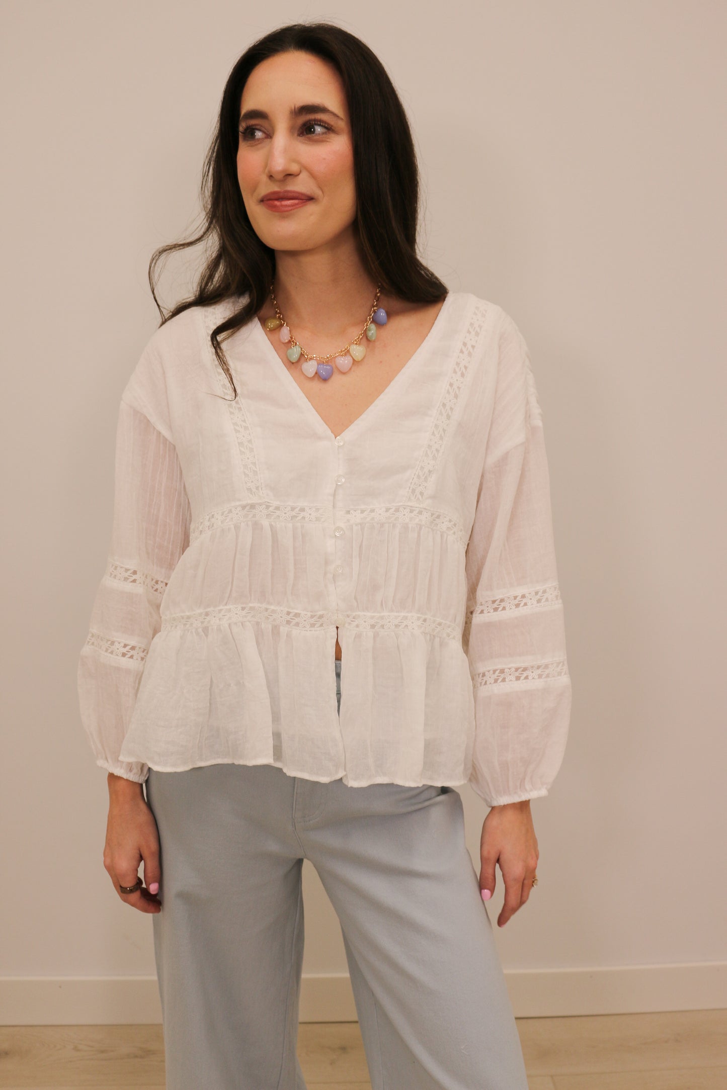 Emma Relaxed Gauze Lace Button Front Long Sleeve Blouse - White
