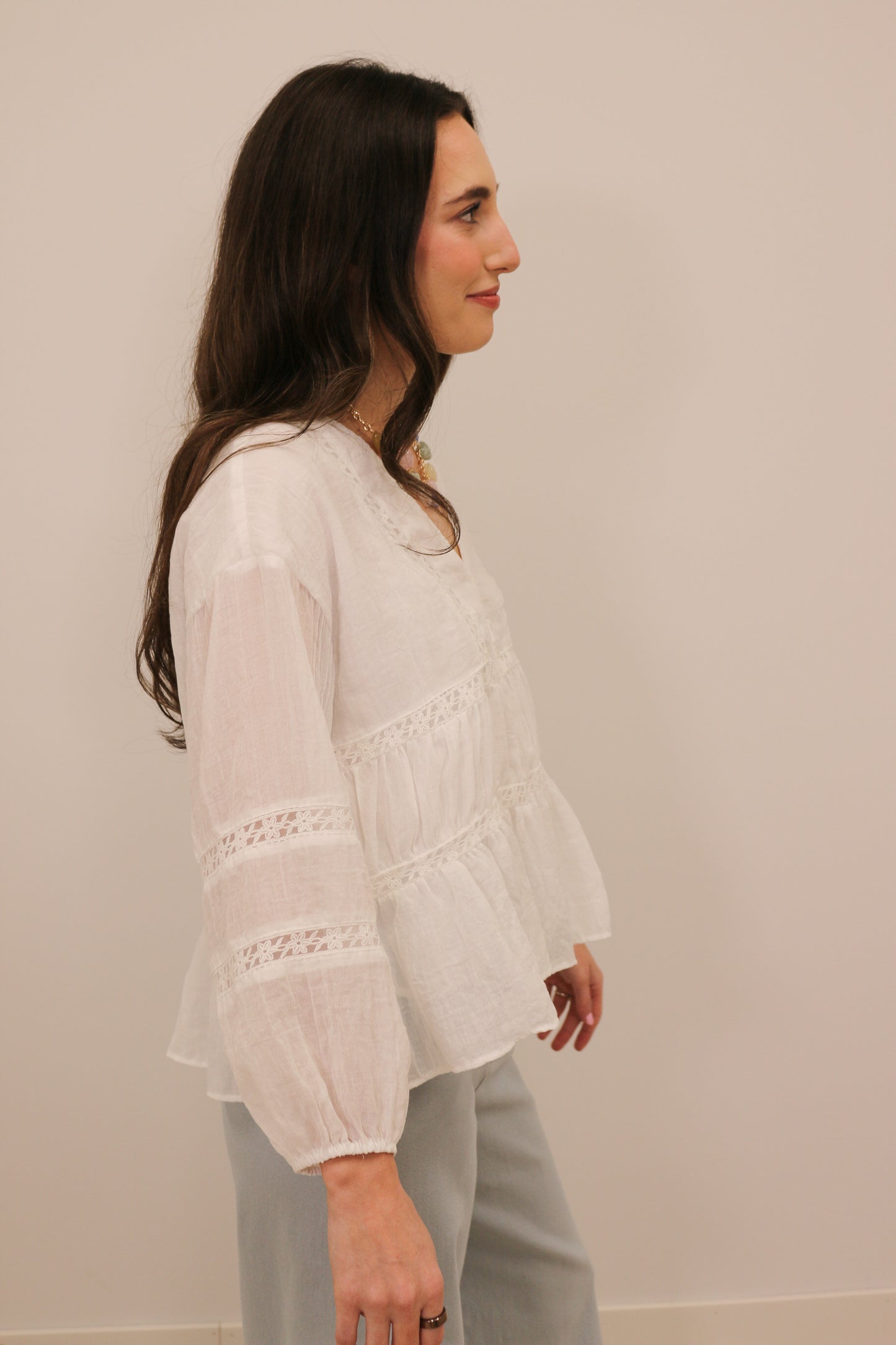 Emma Relaxed Gauze Lace Button Front Long Sleeve Blouse - White