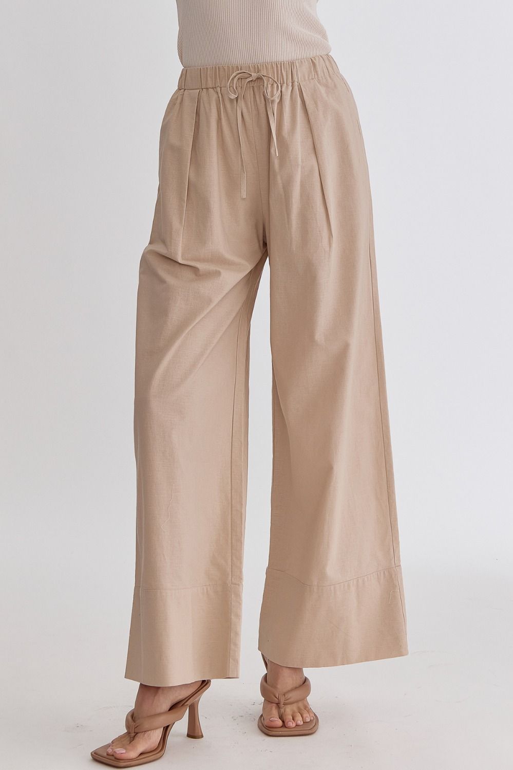 Classic Solid High Waisted Wide Leg Linen Drawstring Waist Pant - Taupe