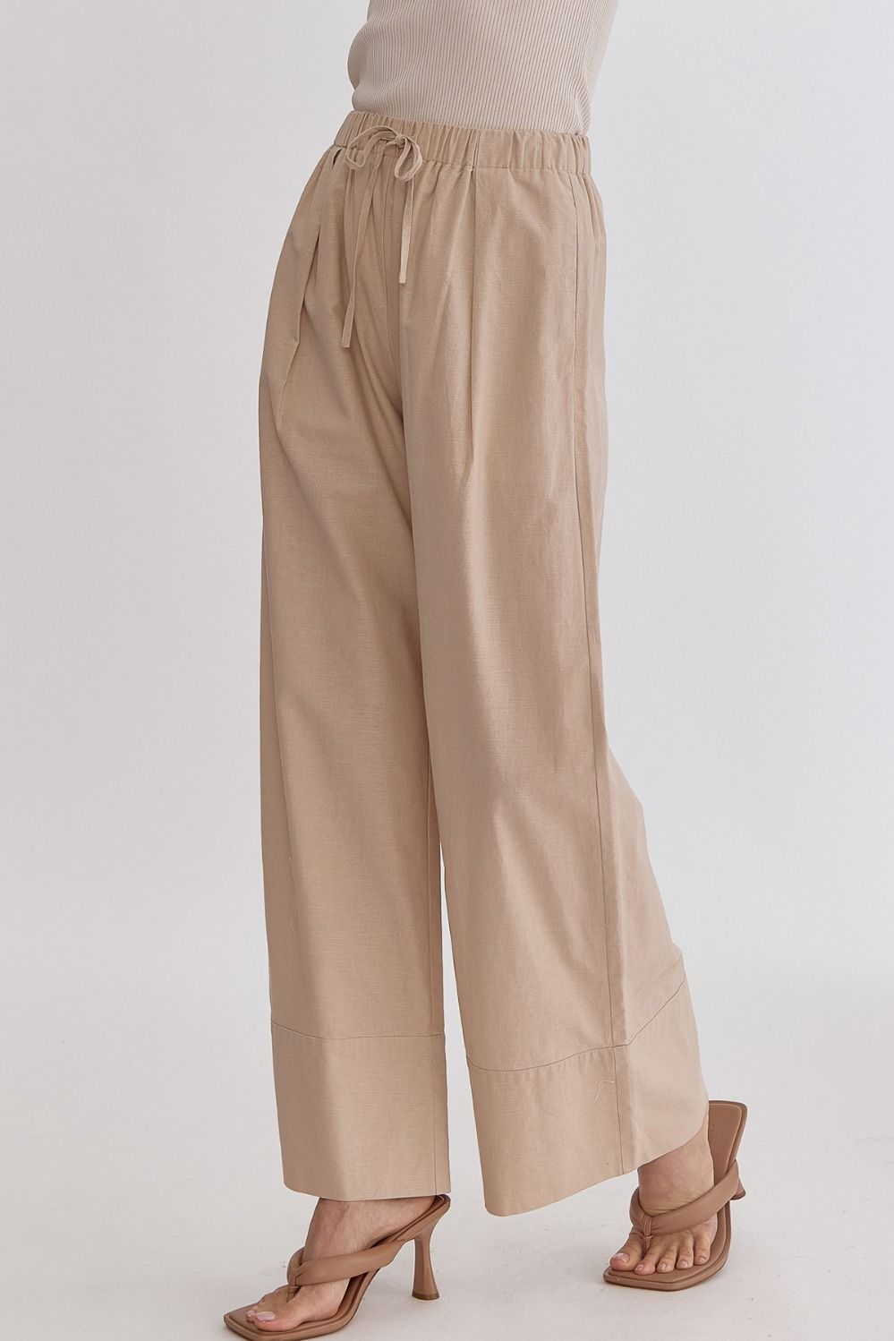 Classic Solid High Waisted Wide Leg Linen Drawstring Waist Pant - Taupe