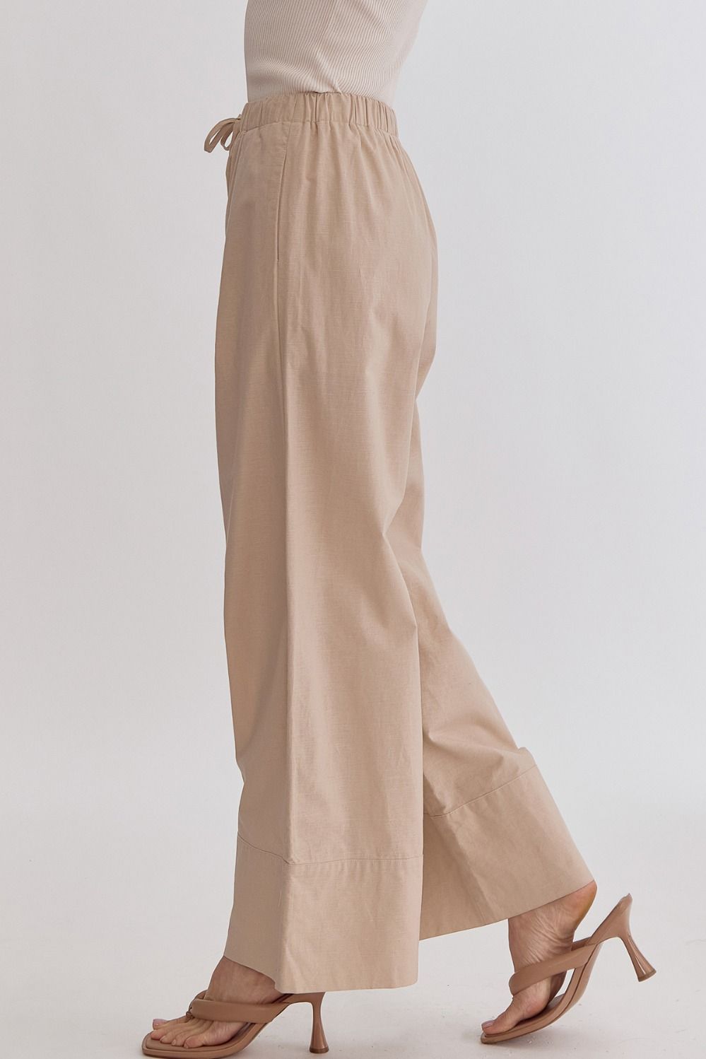 Classic Solid High Waisted Wide Leg Linen Drawstring Waist Pant - Taupe