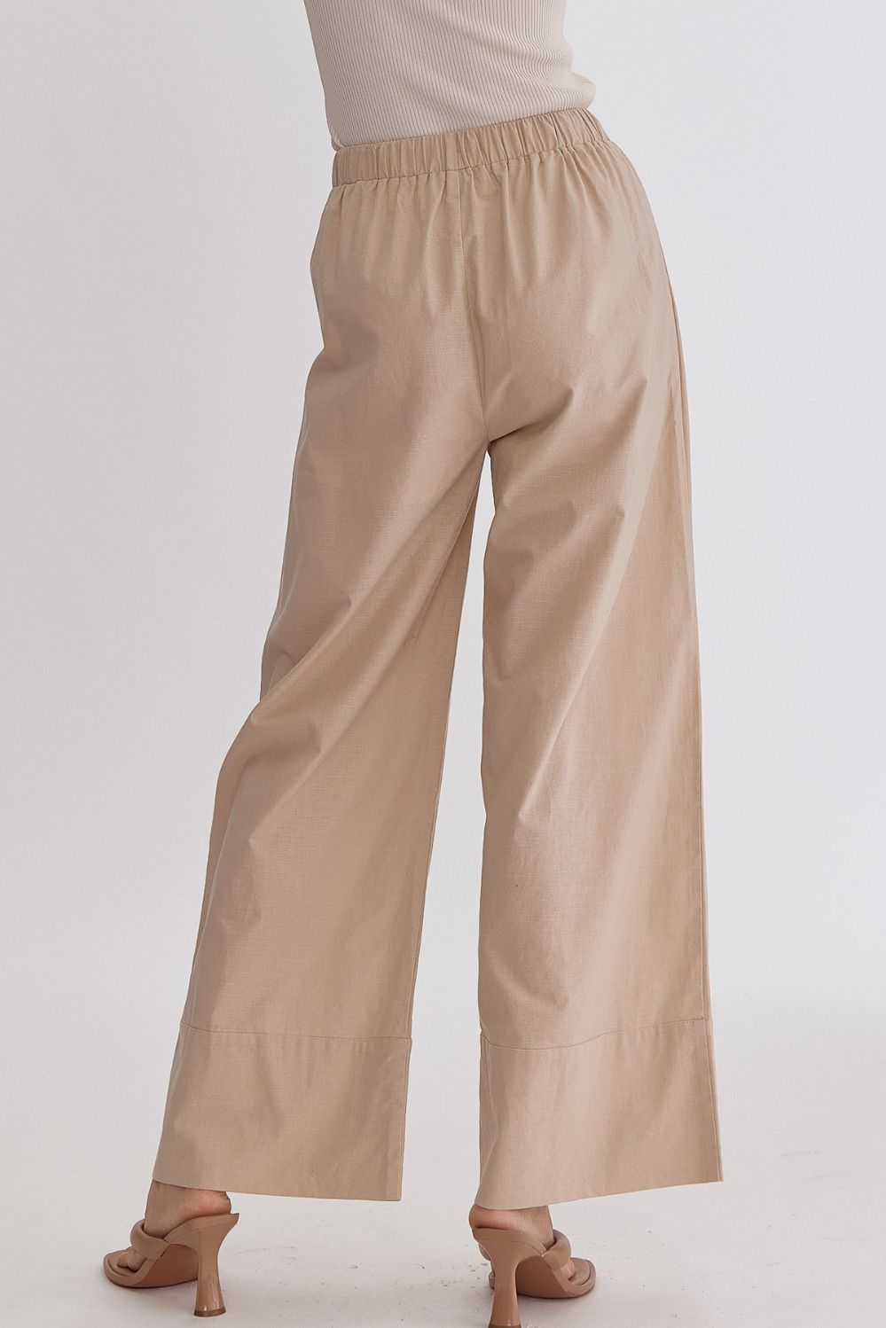 Classic Solid High Waisted Wide Leg Linen Drawstring Waist Pant - Taupe