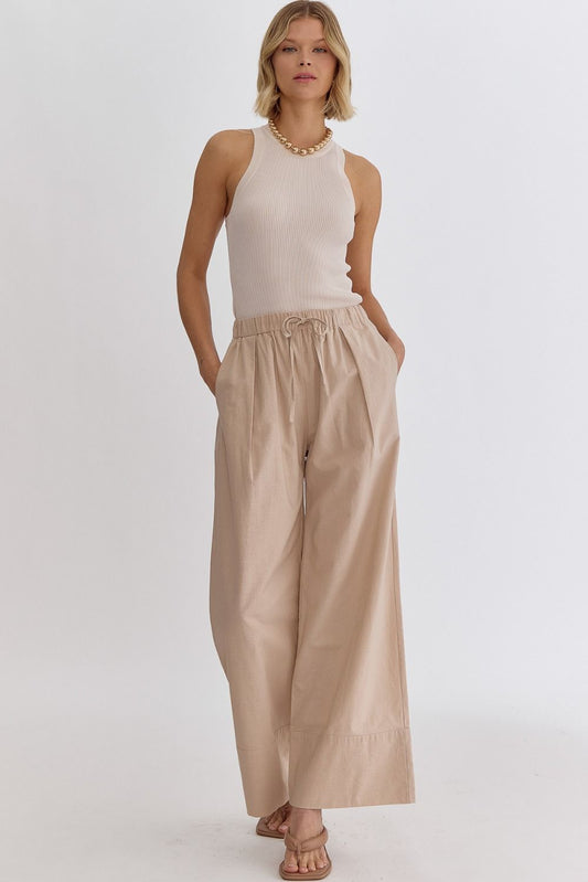Classic Solid High Waisted Wide Leg Linen Drawstring Waist Pant - Taupe