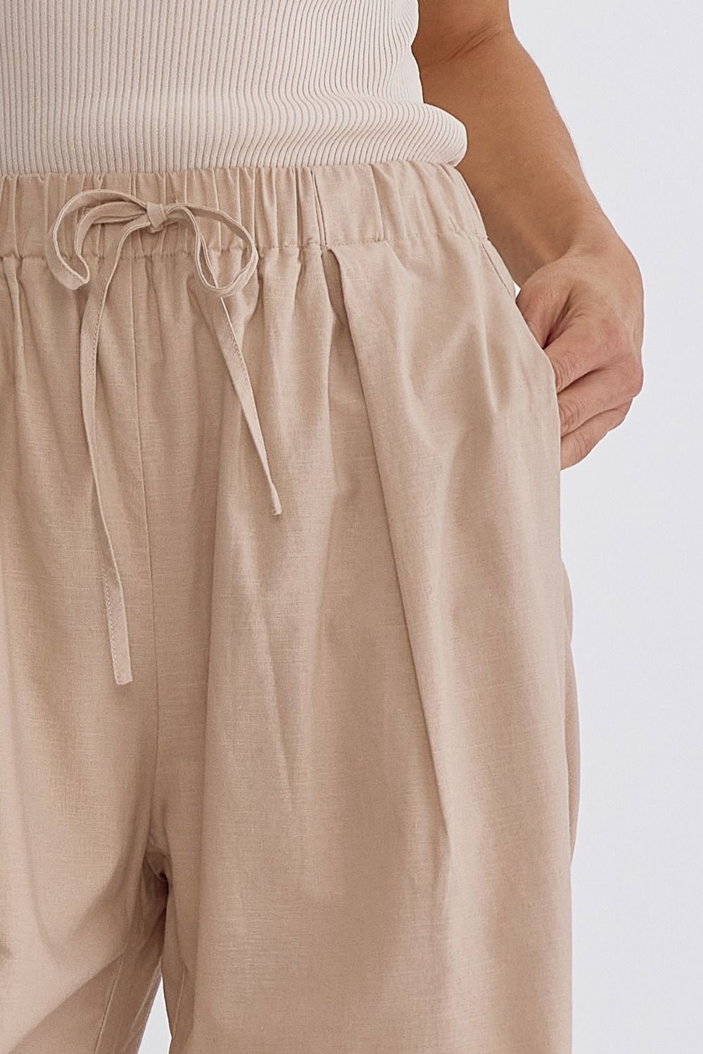 Classic Solid High Waisted Wide Leg Linen Drawstring Waist Pant - Taupe