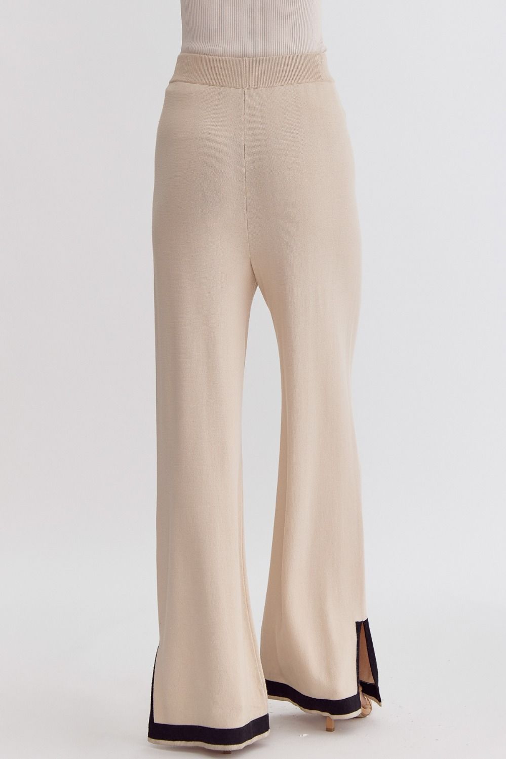 Hampton Contrast High Waisted Wide Leg Knit Pants - Natural, Black