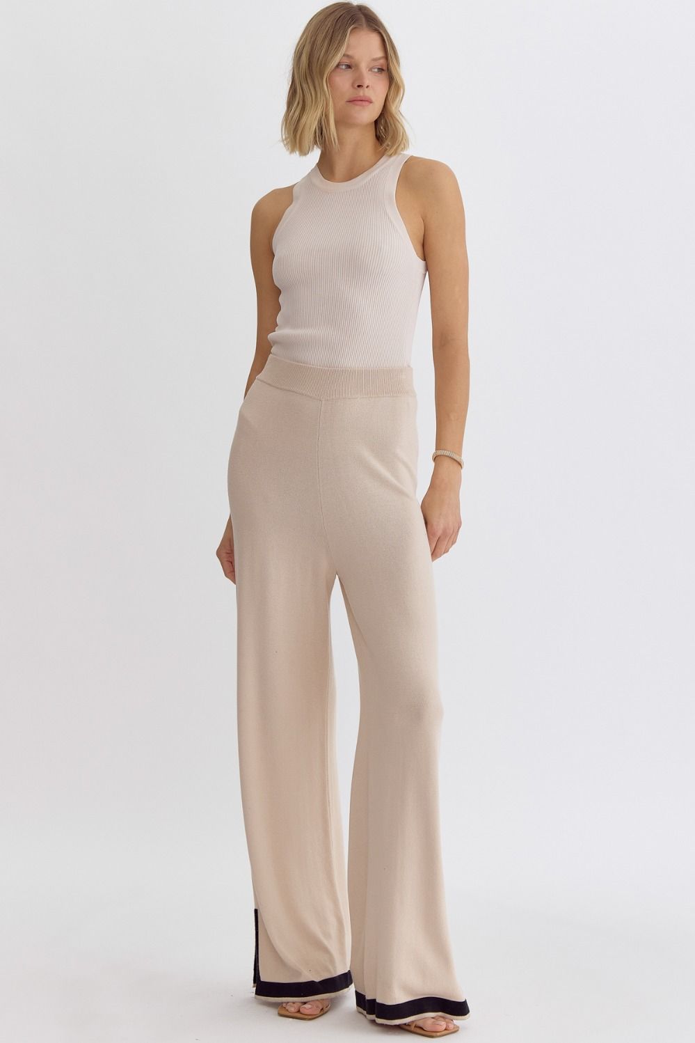 Hampton Contrast High Waisted Wide Leg Knit Pants - Natural, Black