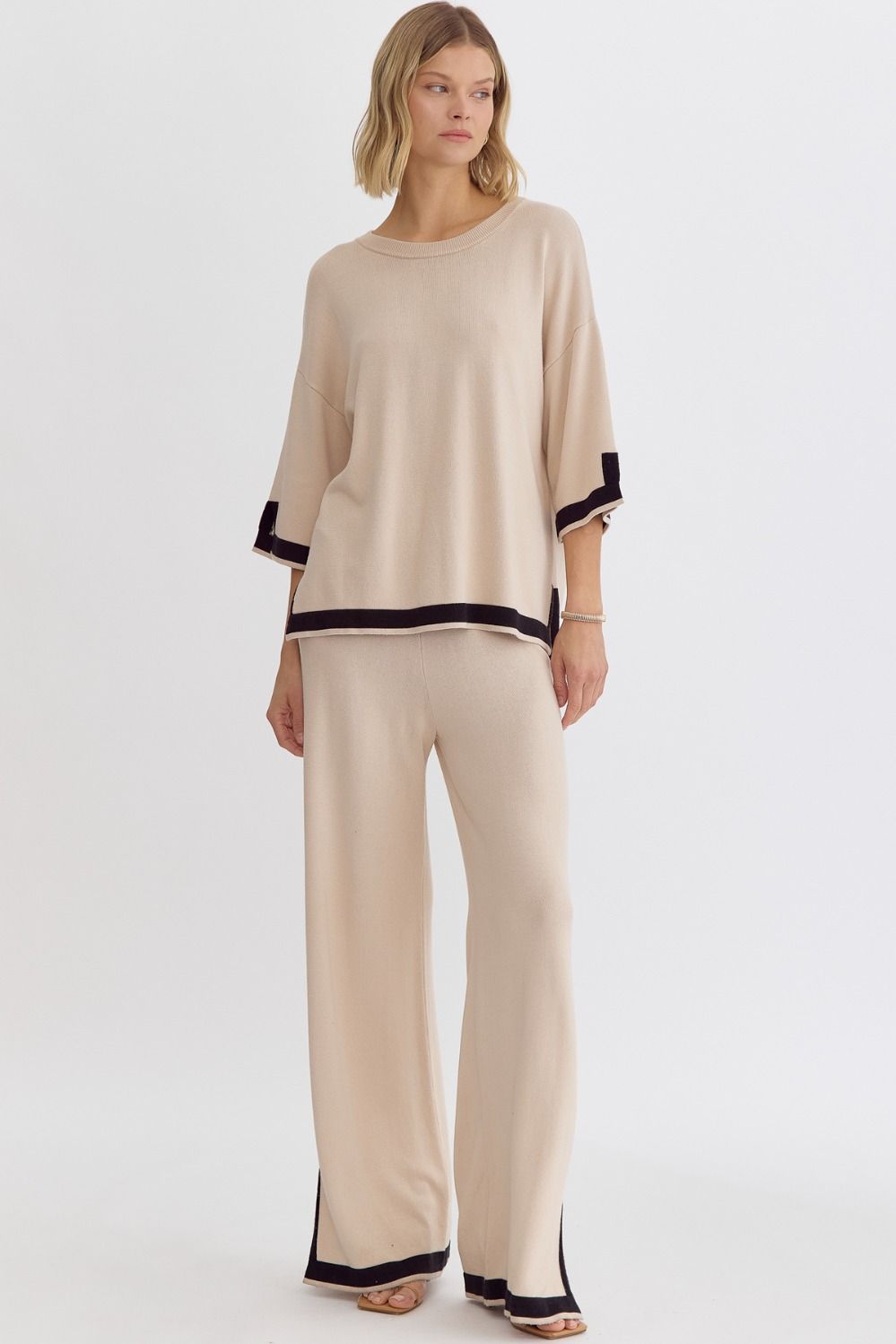 Hampton Contrast High Waisted Wide Leg Knit Pants - Natural, Black