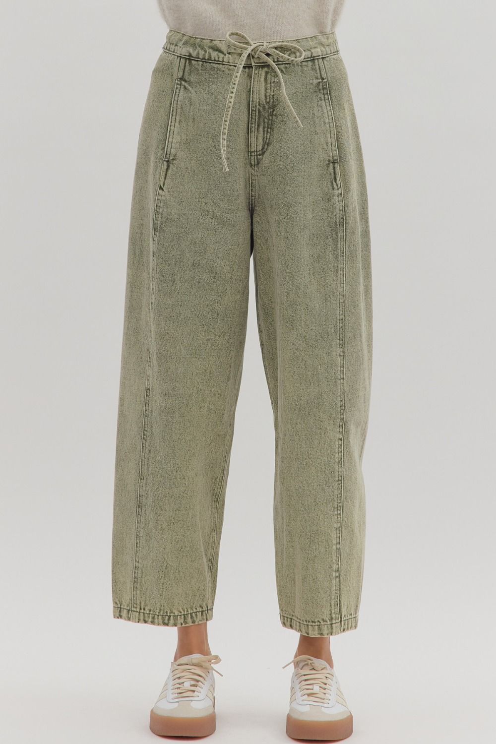 Romy High Waisted Ankle Length Barrel Jean Tie Front - Olive Green
