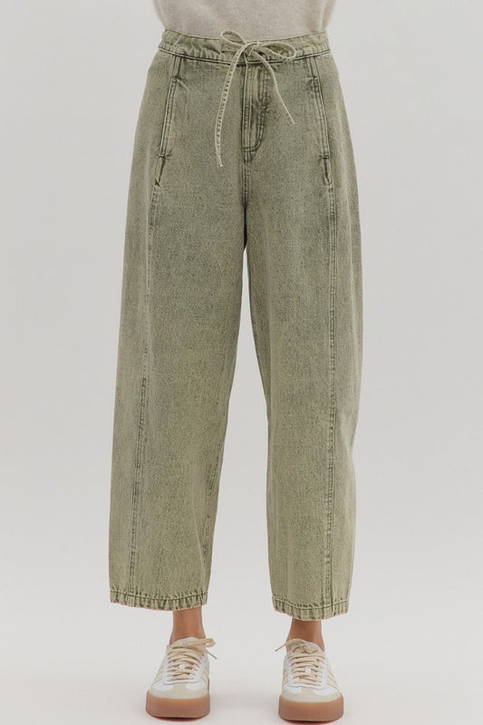 Romy High Waisted Ankle Length Barrel Jean Tie Front - Olive Green