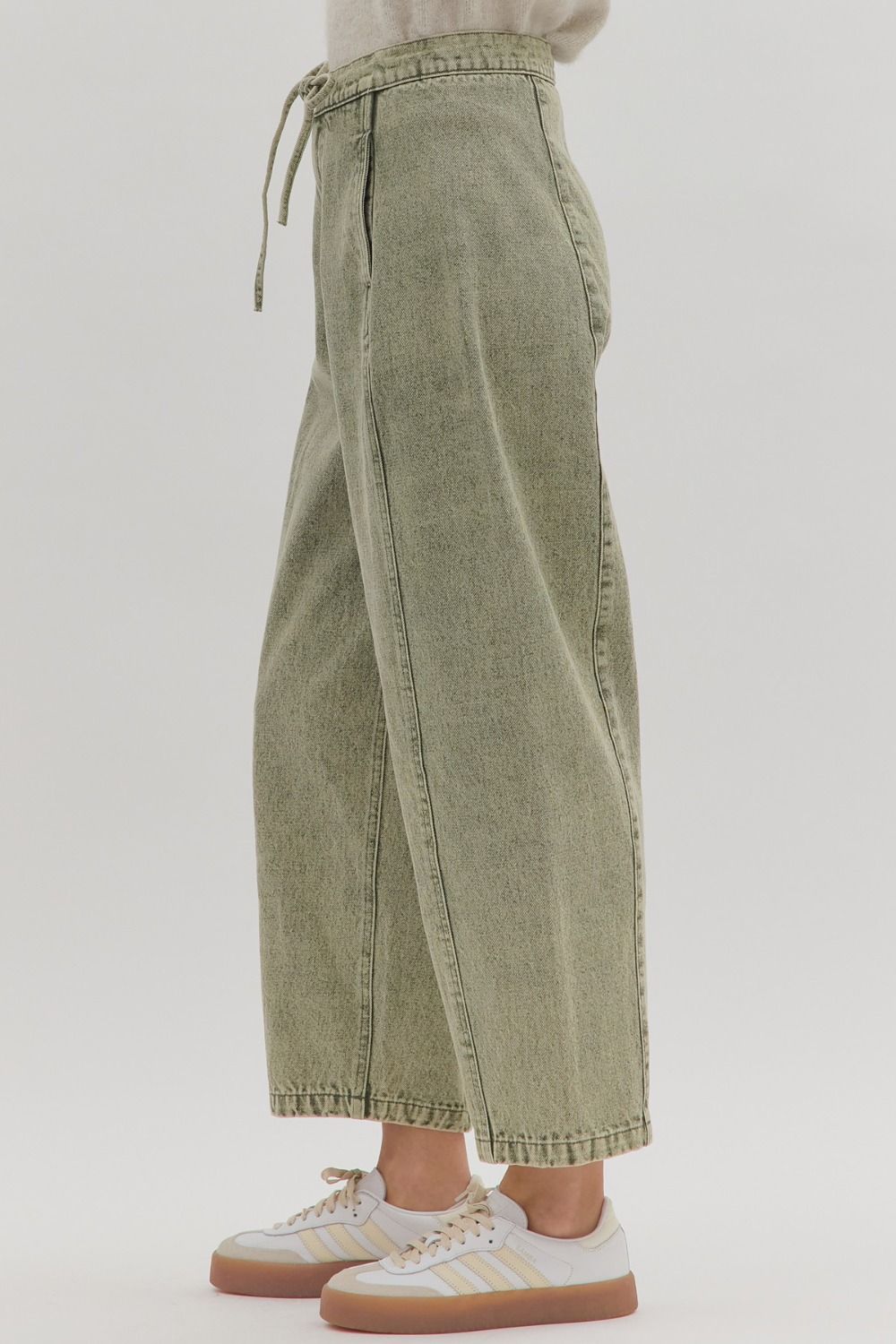 Romy High Waisted Ankle Length Barrel Jean Tie Front - Olive Green