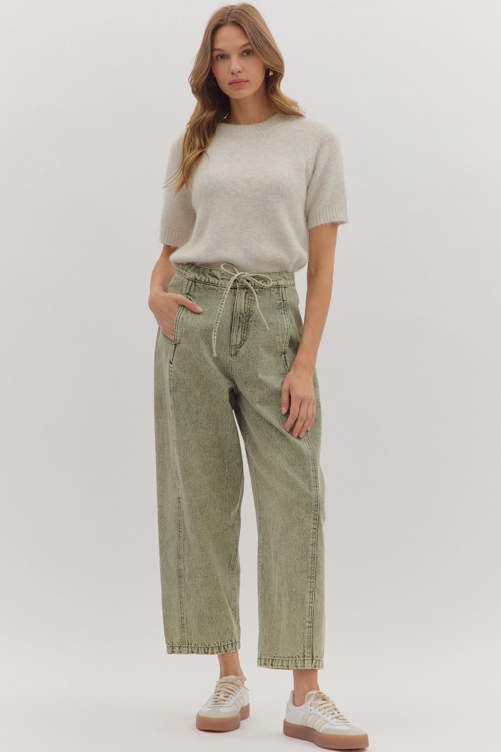 Romy High Waisted Ankle Length Barrel Jean Tie Front - Olive Green