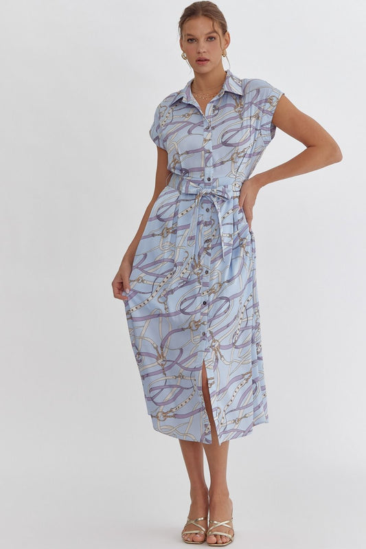 Harness Print Button Up Silky Midi Dress - Light Blue