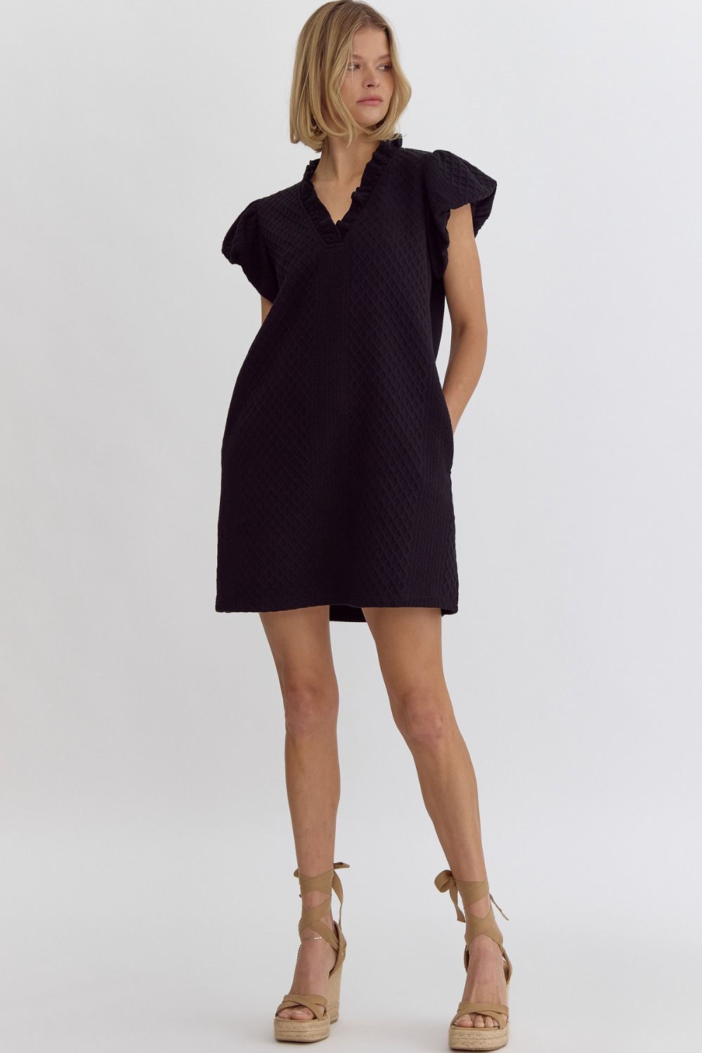 Court Texture Fabric Bubble Sleeve Mini Dress - Black