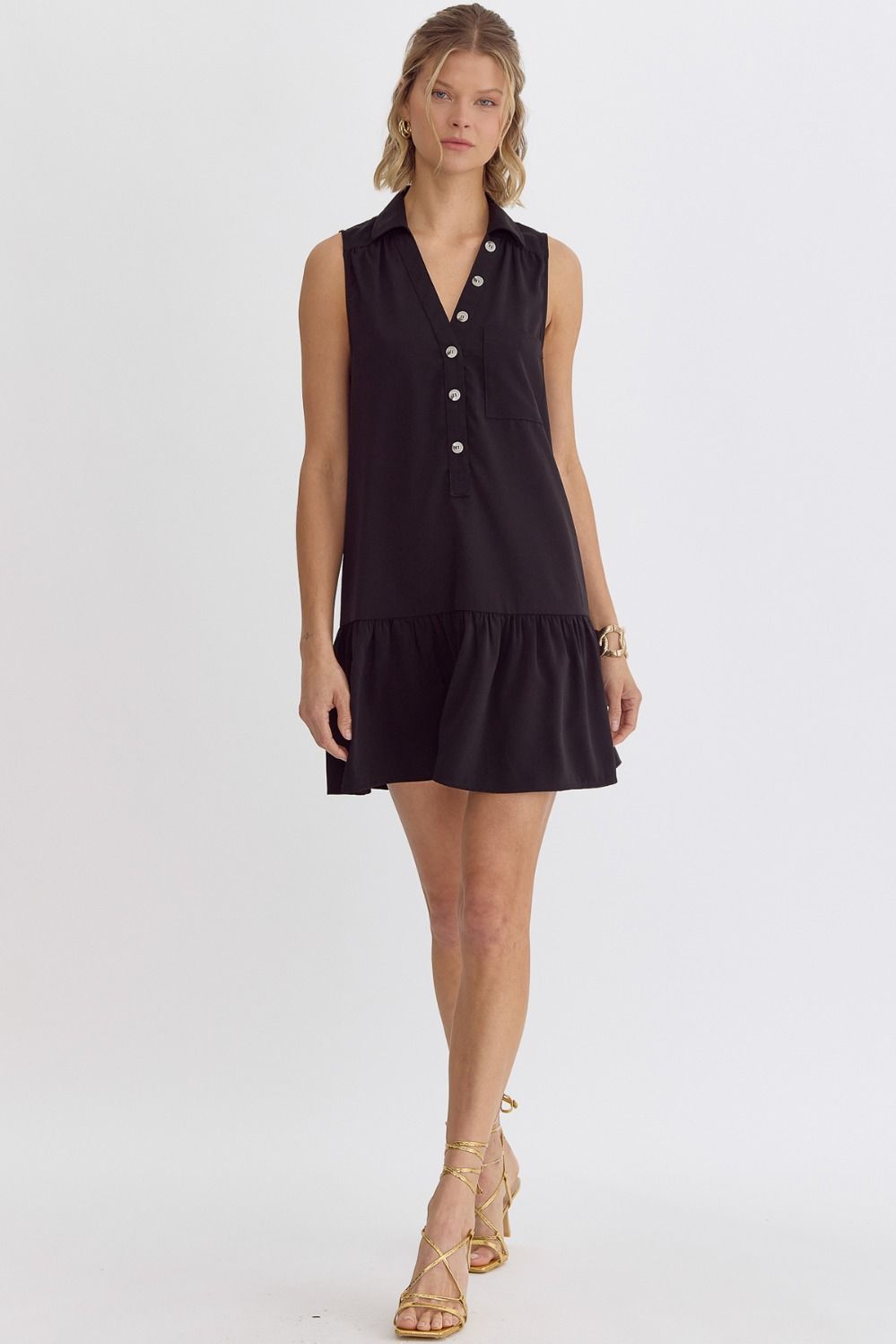 Mary Beth Sporty V-Neck Sleeveless Solid Black Button Detail Mini Dress - Black