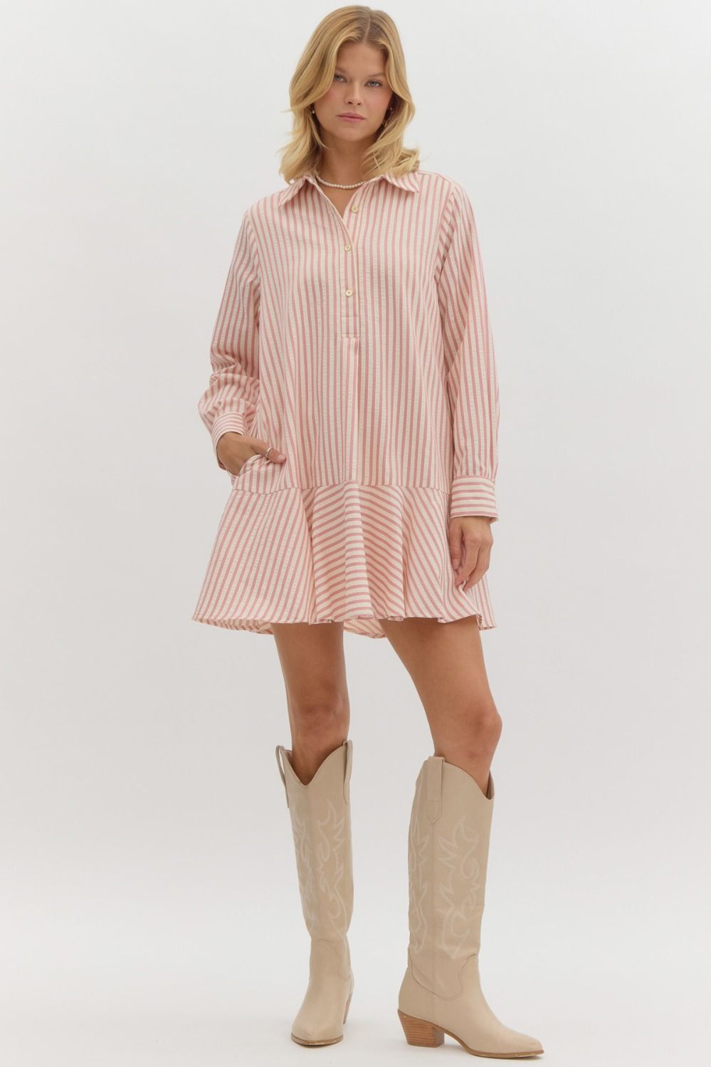 Vertical Stripe Long Sleeve Drop Waist Collared Mini Dress - Pink