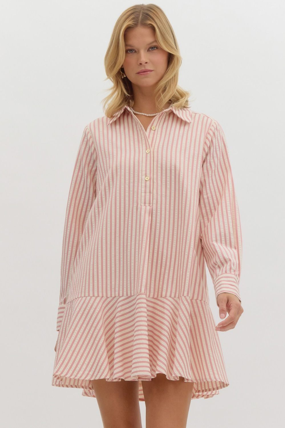 Vertical Stripe Long Sleeve Drop Waist Collared Mini Dress - Pink