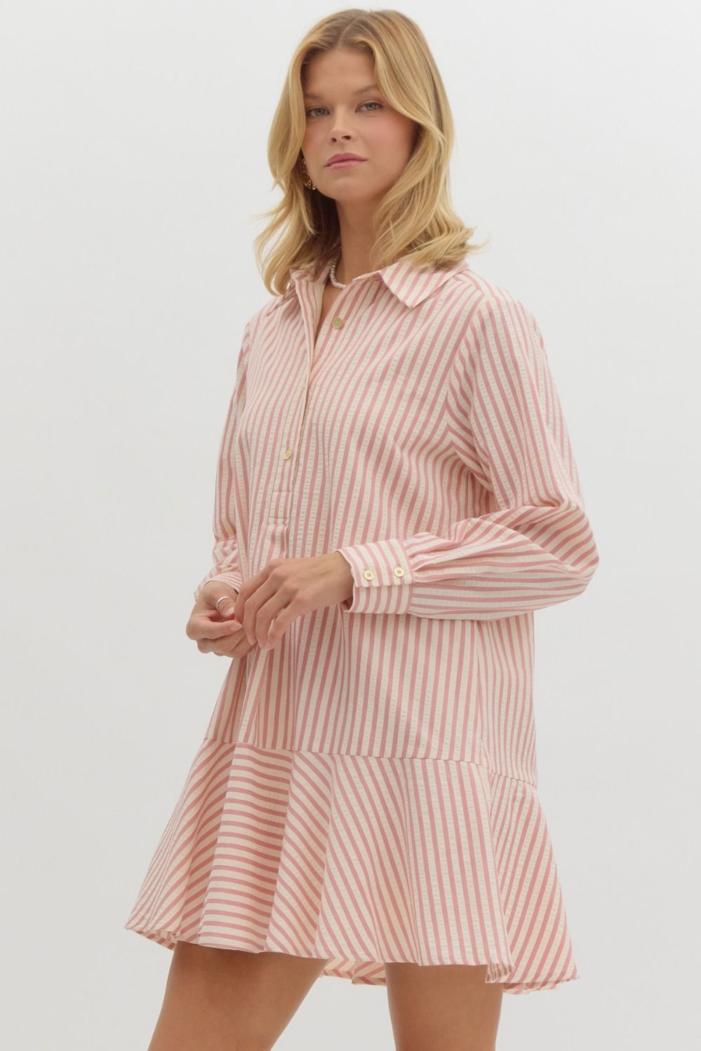 Vertical Stripe Long Sleeve Drop Waist Collared Mini Dress - Pink