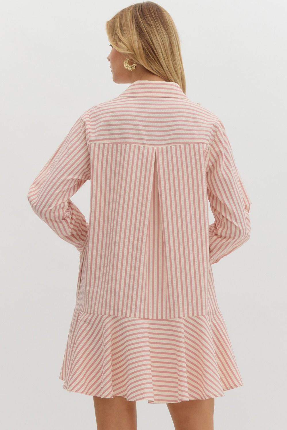 Vertical Stripe Long Sleeve Drop Waist Collared Mini Dress - Pink