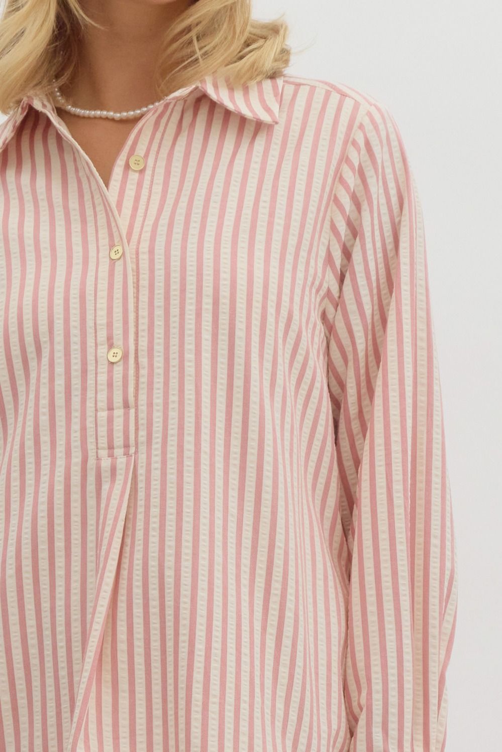 Vertical Stripe Long Sleeve Drop Waist Collared Mini Dress - Pink