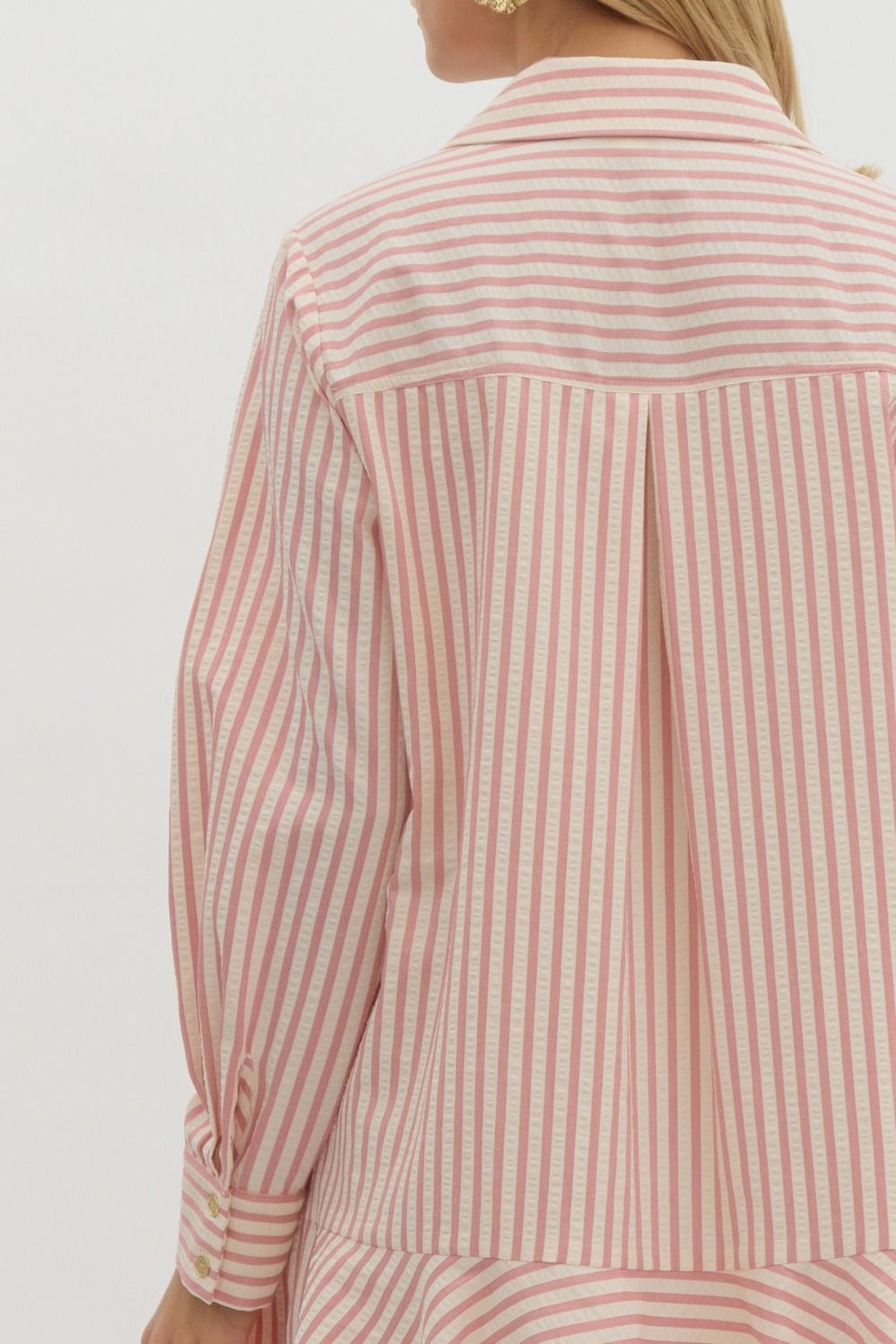 Vertical Stripe Long Sleeve Drop Waist Collared Mini Dress - Pink