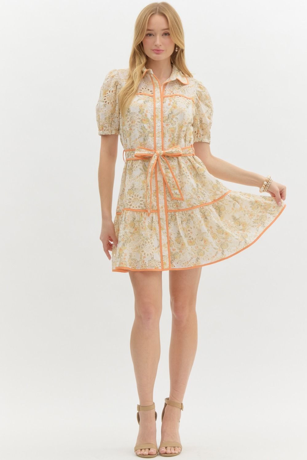 Floral Print Eyelet Short Sleeve Contrast Trim Belted Mini Dress - Sherbet Orange