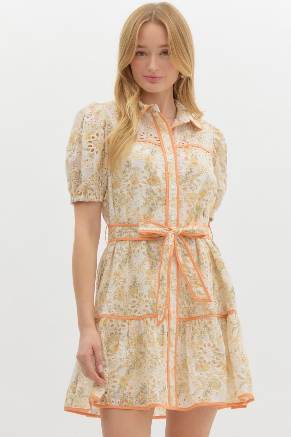 Floral Print Eyelet Short Sleeve Contrast Trim Belted Mini Dress - Sherbet Orange