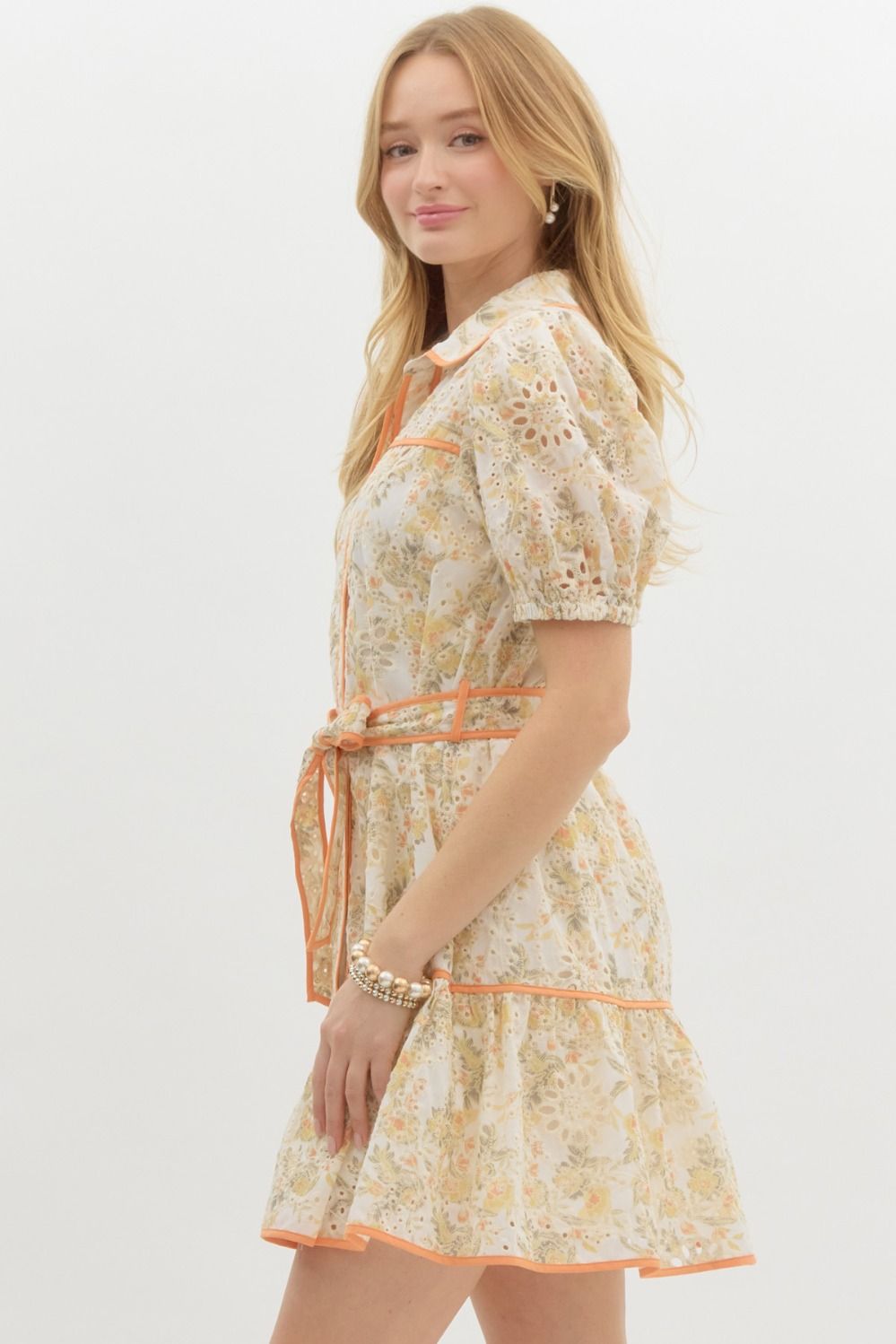 Floral Print Eyelet Short Sleeve Contrast Trim Belted Mini Dress - Sherbet Orange