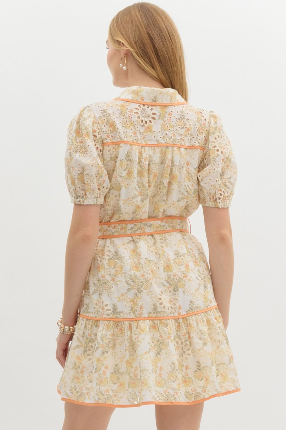 Floral Print Eyelet Short Sleeve Contrast Trim Belted Mini Dress - Sherbet Orange