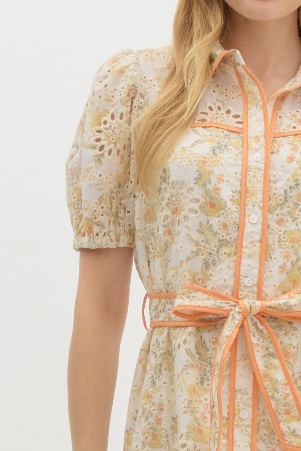 Floral Print Eyelet Short Sleeve Contrast Trim Belted Mini Dress - Sherbet Orange