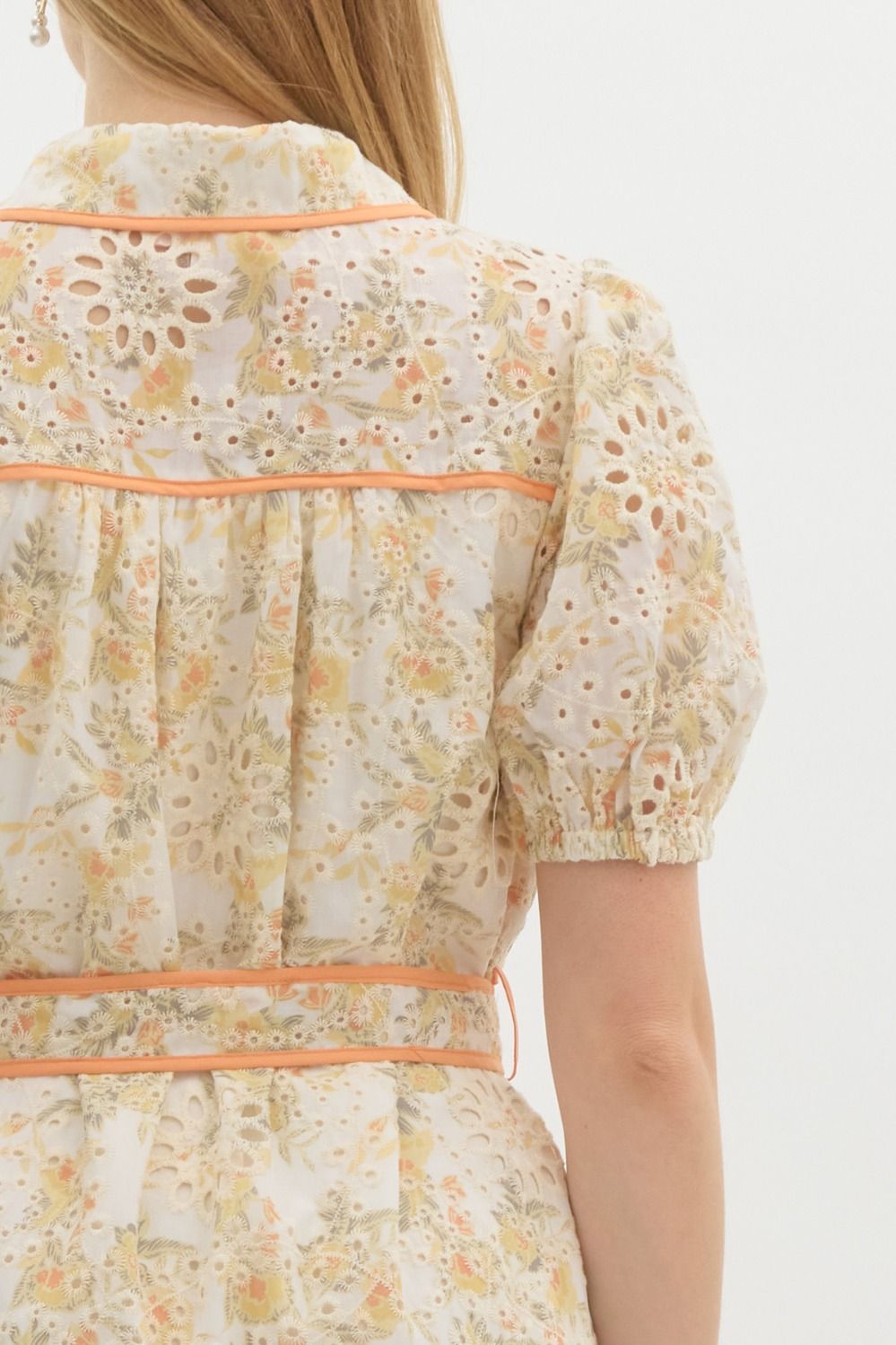 Floral Print Eyelet Short Sleeve Contrast Trim Belted Mini Dress - Sherbet Orange
