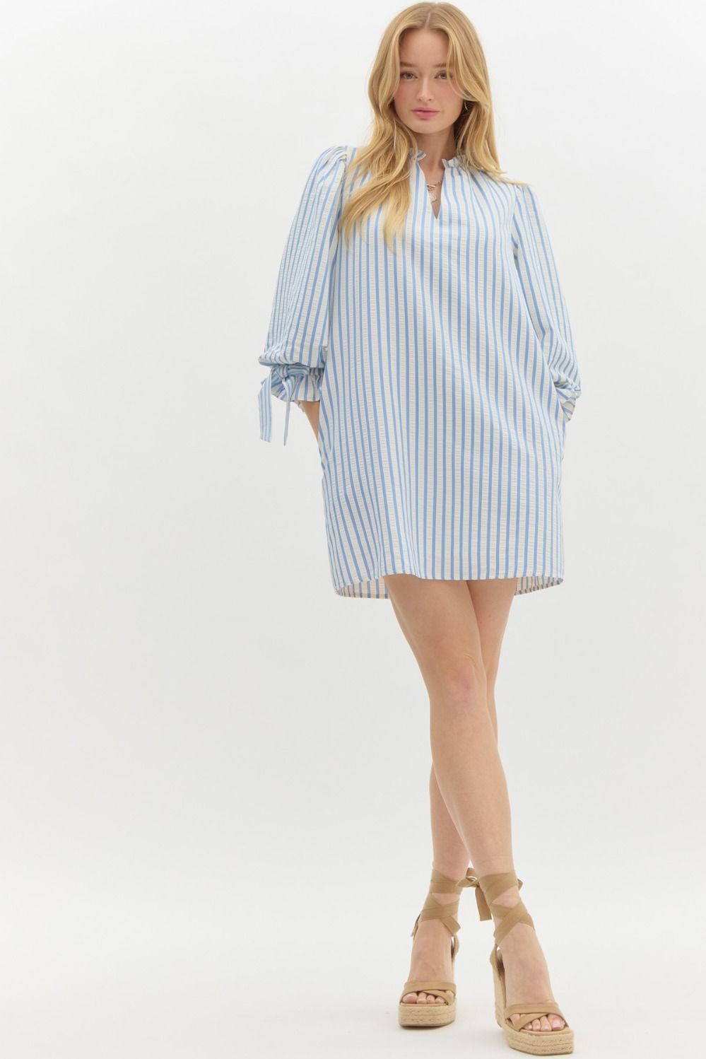 Olivia Striped 3/4 Sleeve Bow Tie Detail Mini Dress - Powder Blue Multi