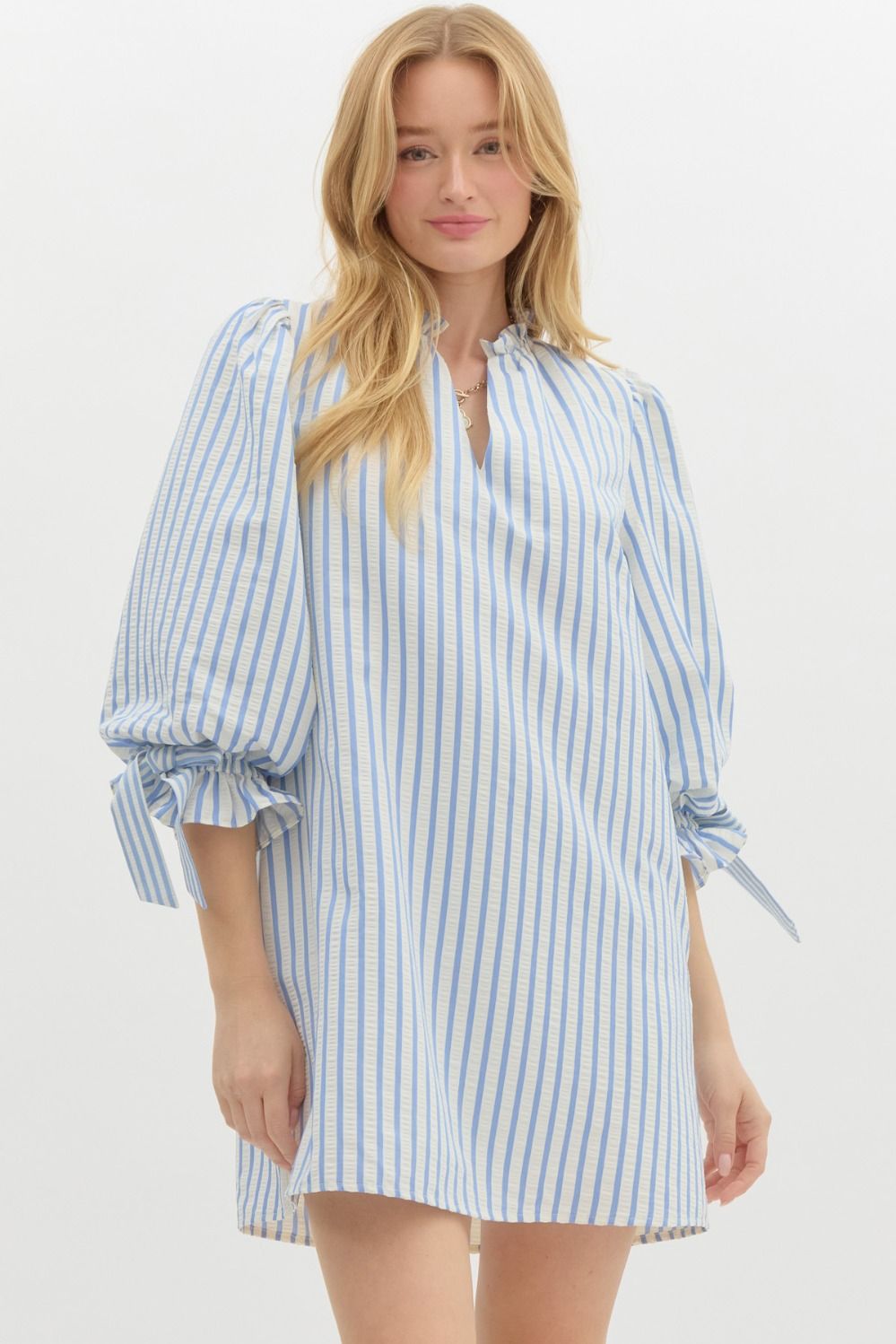 Olivia Striped 3/4 Sleeve Bow Tie Detail Mini Dress - Powder Blue Multi