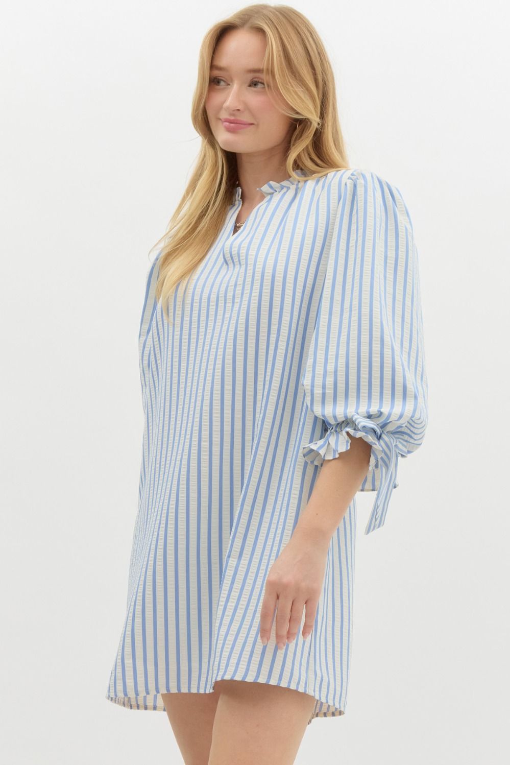 Olivia Striped 3/4 Sleeve Bow Tie Detail Mini Dress - Powder Blue Multi