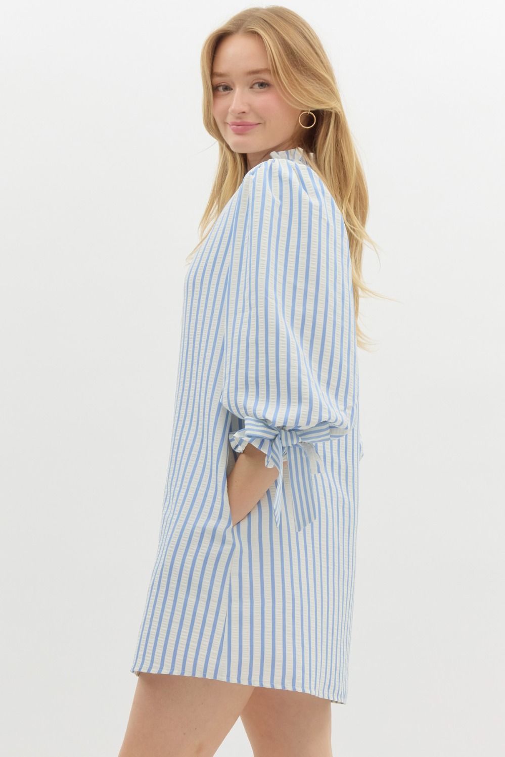 Olivia Striped 3/4 Sleeve Bow Tie Detail Mini Dress - Powder Blue Multi