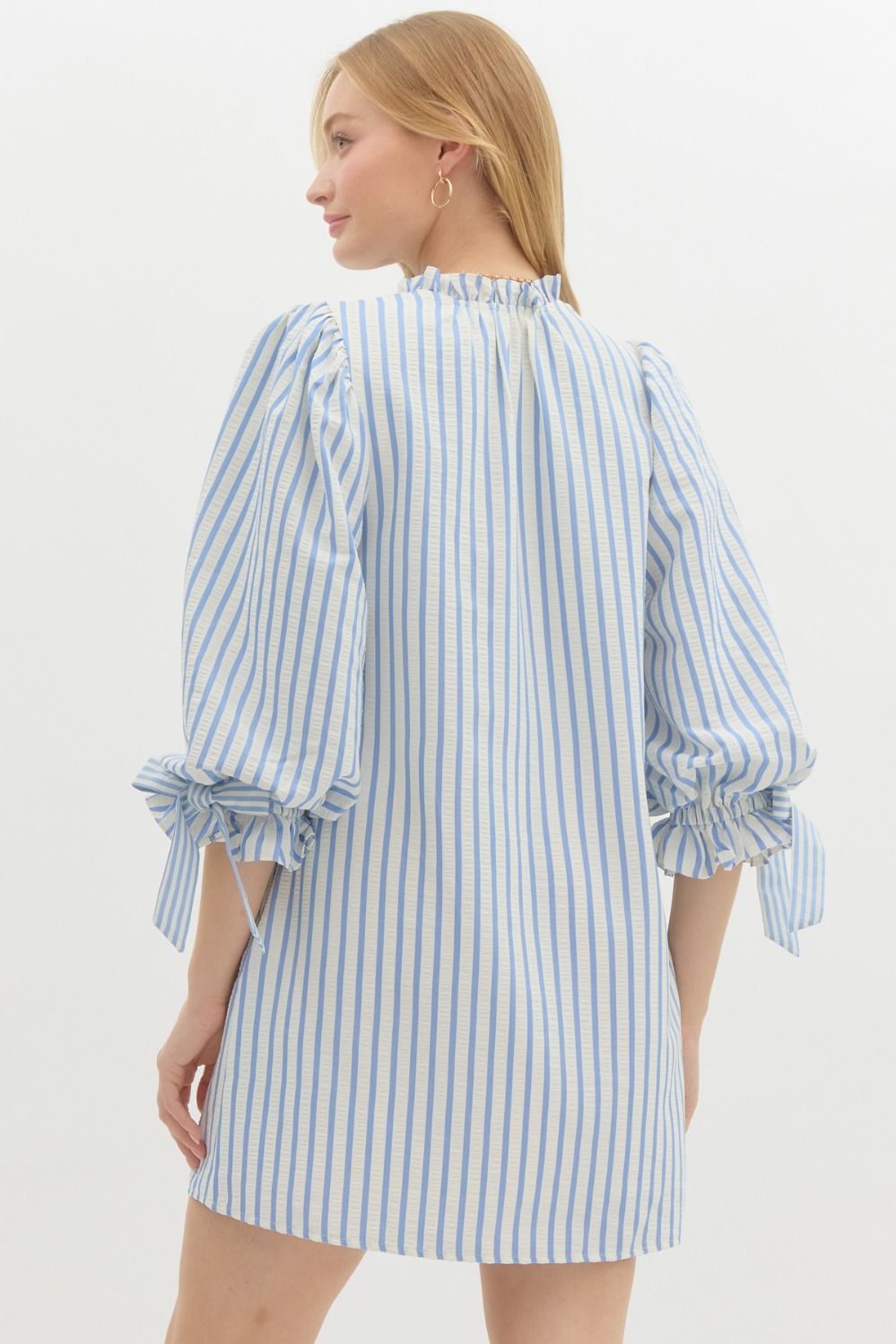 Olivia Striped 3/4 Sleeve Bow Tie Detail Mini Dress - Powder Blue Multi