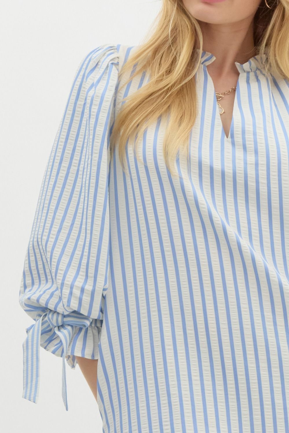 Olivia Striped 3/4 Sleeve Bow Tie Detail Mini Dress - Powder Blue Multi