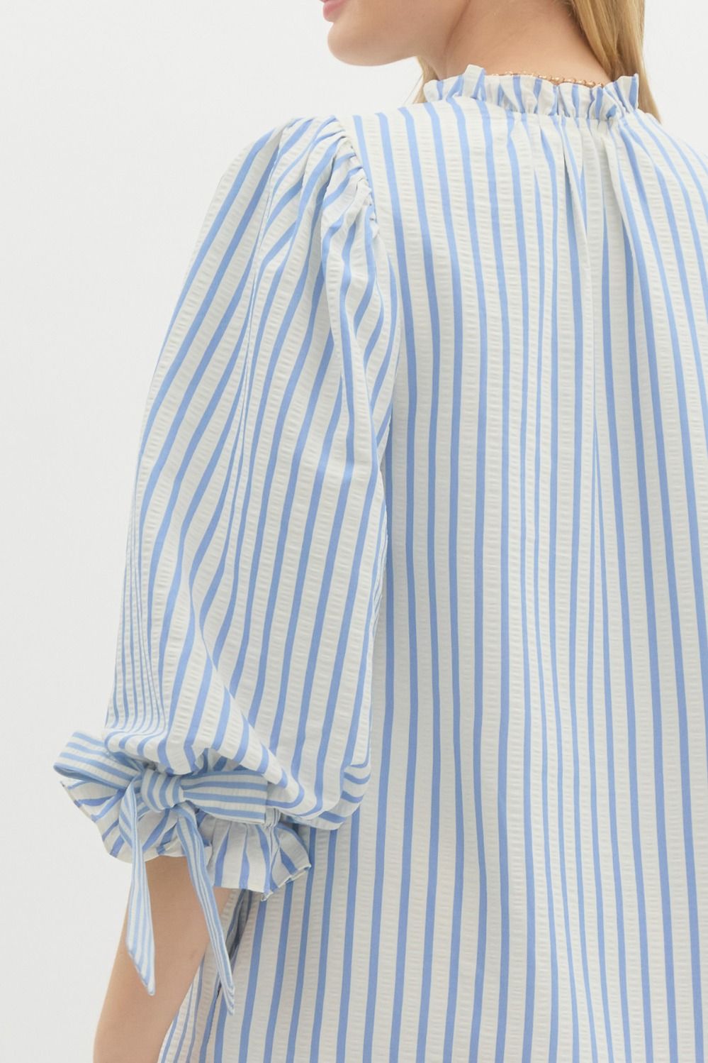 Olivia Striped 3/4 Sleeve Bow Tie Detail Mini Dress - Powder Blue Multi
