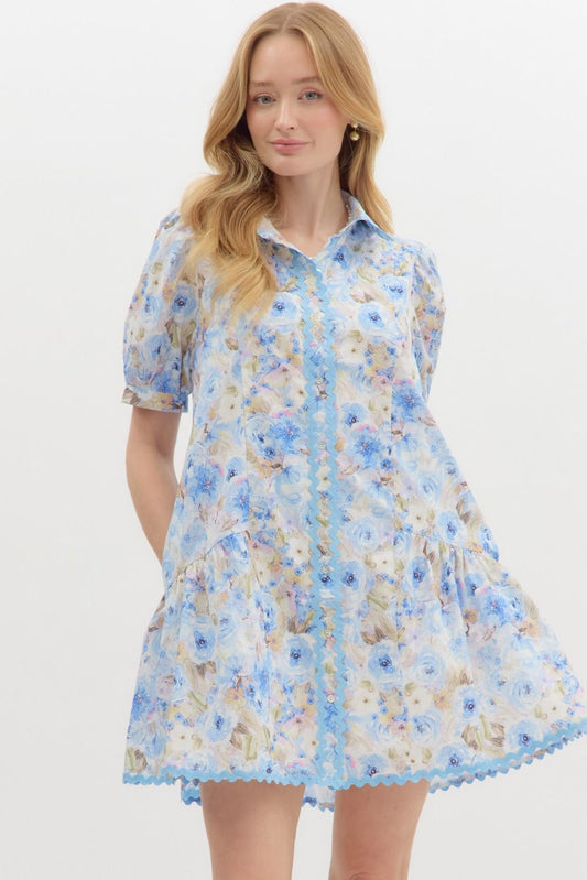 Floral Print Ric Rak Trim Short Sleeve Mini Dress - Blue Multi
