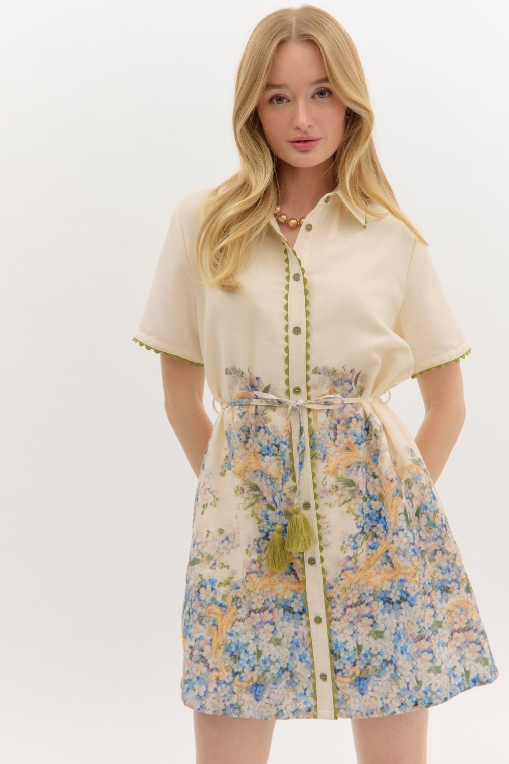 Hydrangea Abstract Print Short Sleeve Collared Mini Dress - Natural Multi