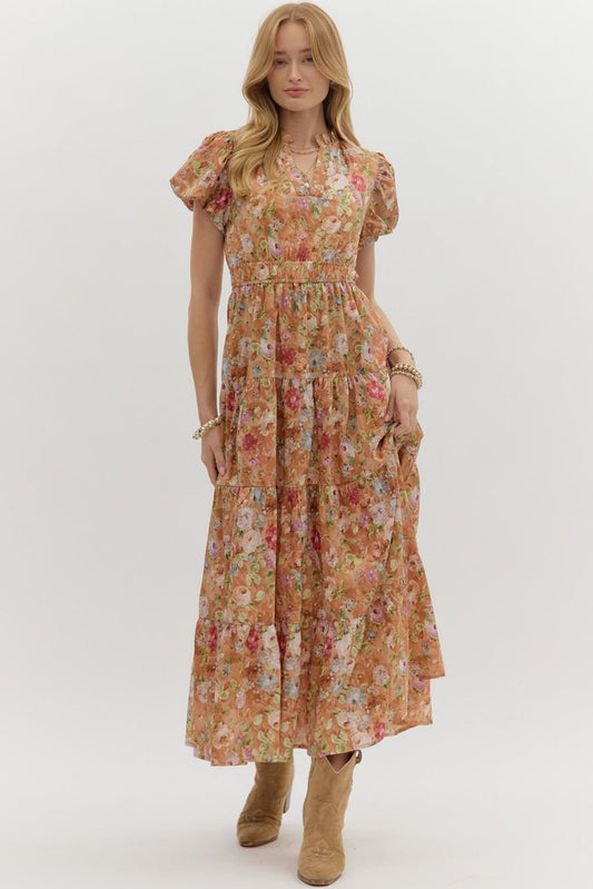 Vintage Bloom Floral Print Tiered Midi Dress Short Sleeve - Terra Cotta