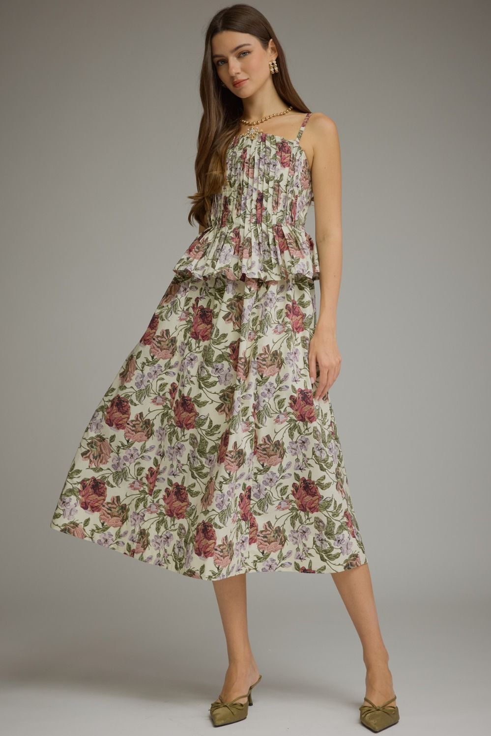 Monterrey Rounded Pleat Floral Midi Dress 100% Cotton - Ecru Multi