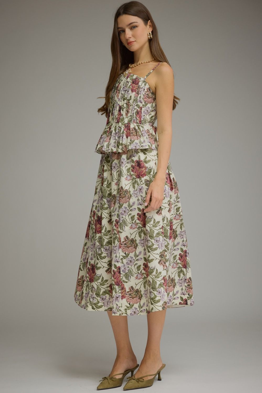 Monterrey Rounded Pleat Floral Midi Dress 100% Cotton - Ecru Multi