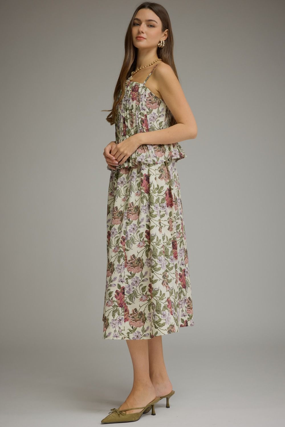 Monterrey Rounded Pleat Floral Midi Dress 100% Cotton - Ecru Multi