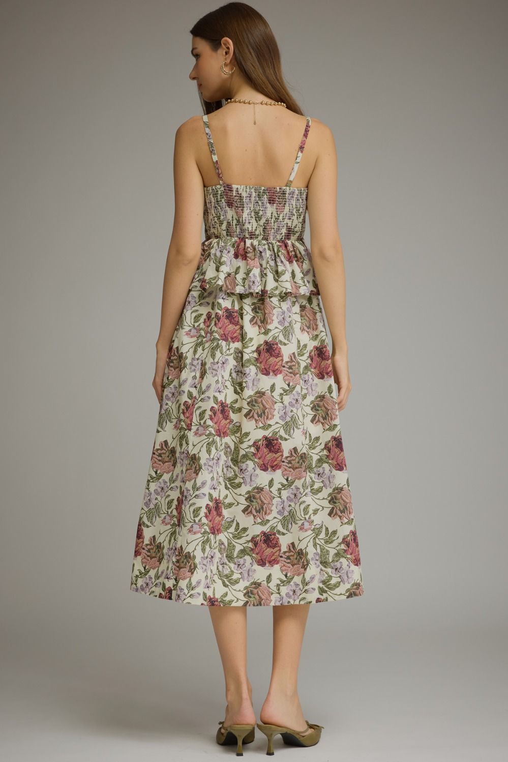 Monterrey Rounded Pleat Floral Midi Dress 100% Cotton - Ecru Multi