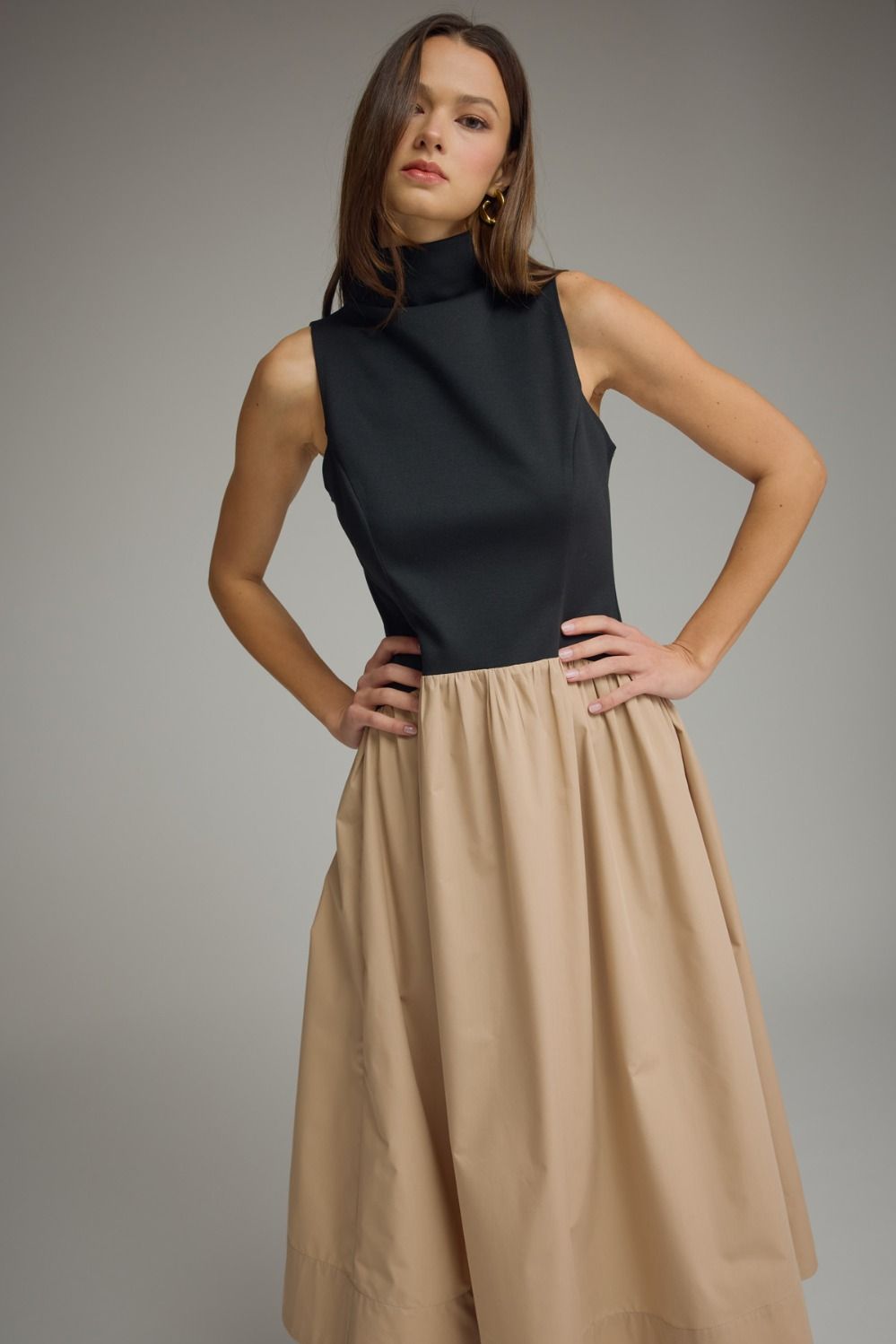 Phoebe Mixed Media Modern Cut Midi Dress - Black Multi