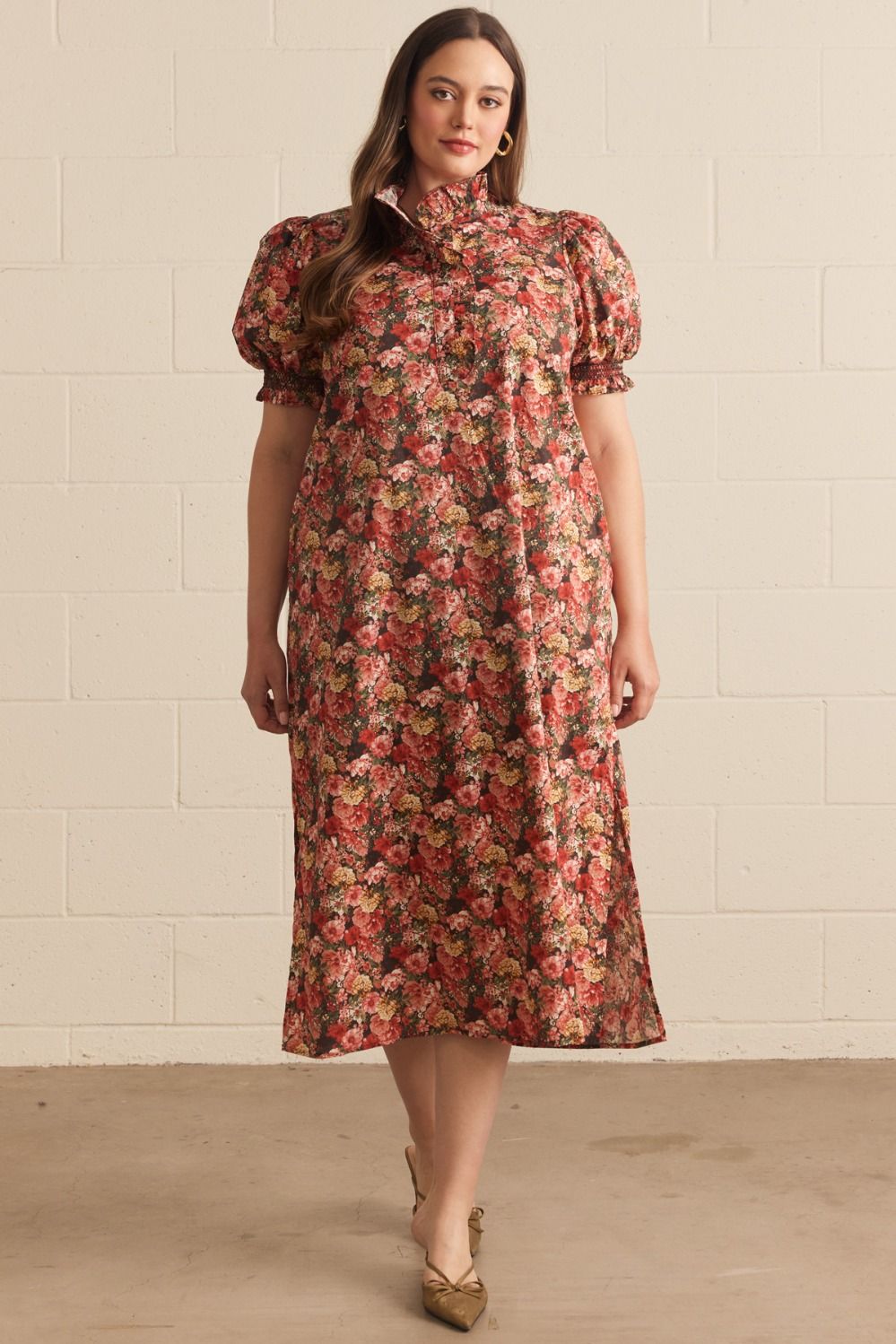 Constance Short Sleeve Floral Print Midi Dress 100% Cotton - Brick Multi