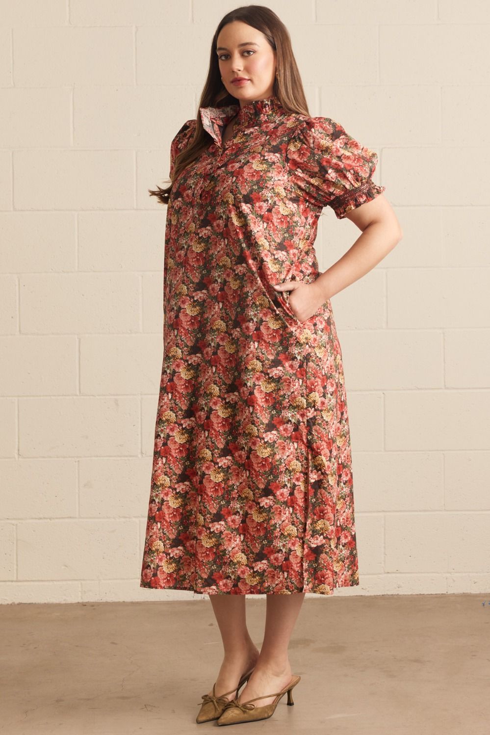 Constance Short Sleeve Floral Print Midi Dress 100% Cotton - Brick Multi