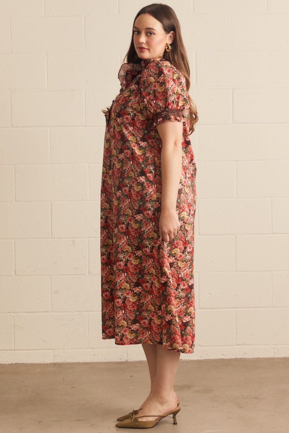 Constance Short Sleeve Floral Print Midi Dress 100% Cotton - Brick Multi