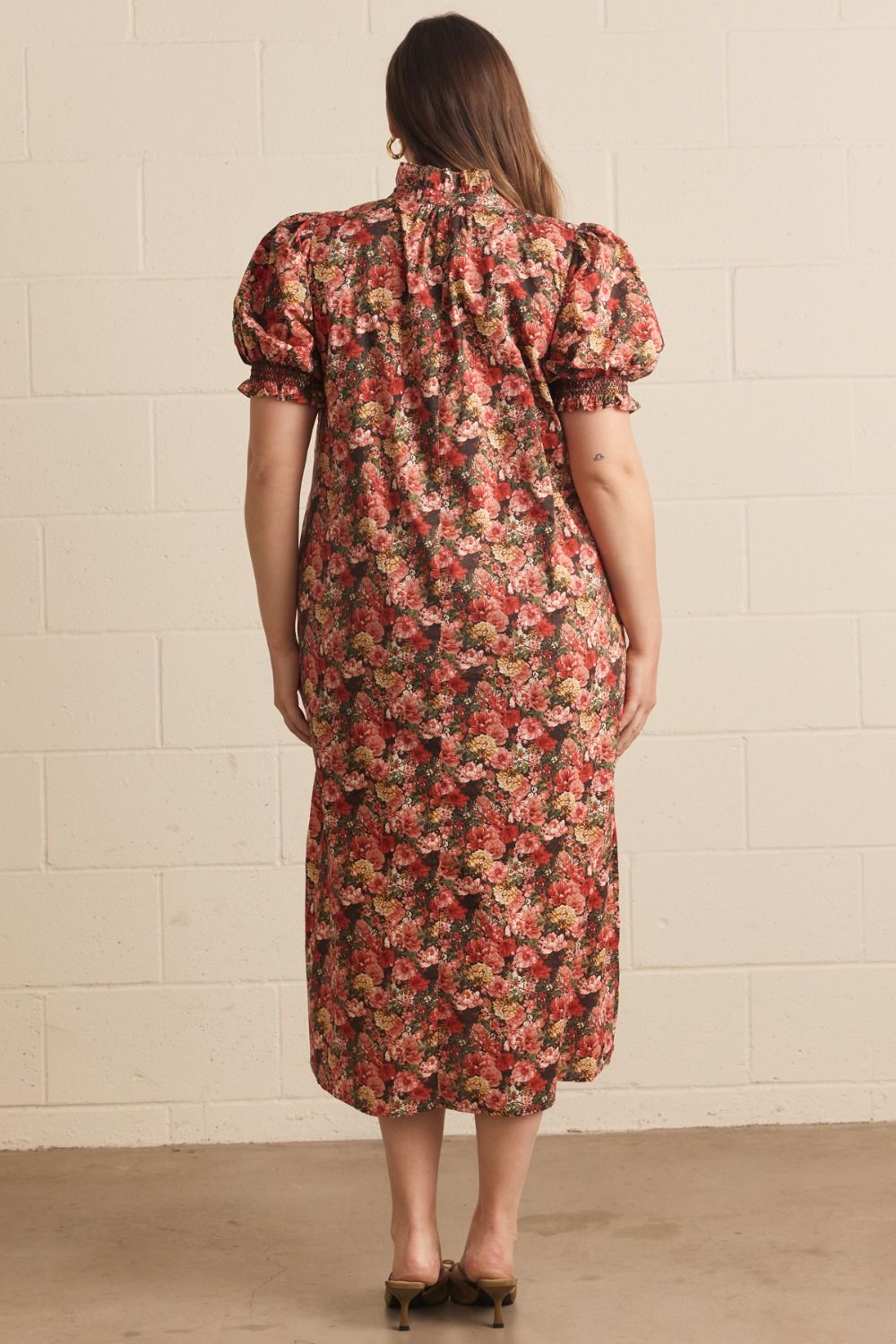 Constance Short Sleeve Floral Print Midi Dress 100% Cotton - Brick Multi